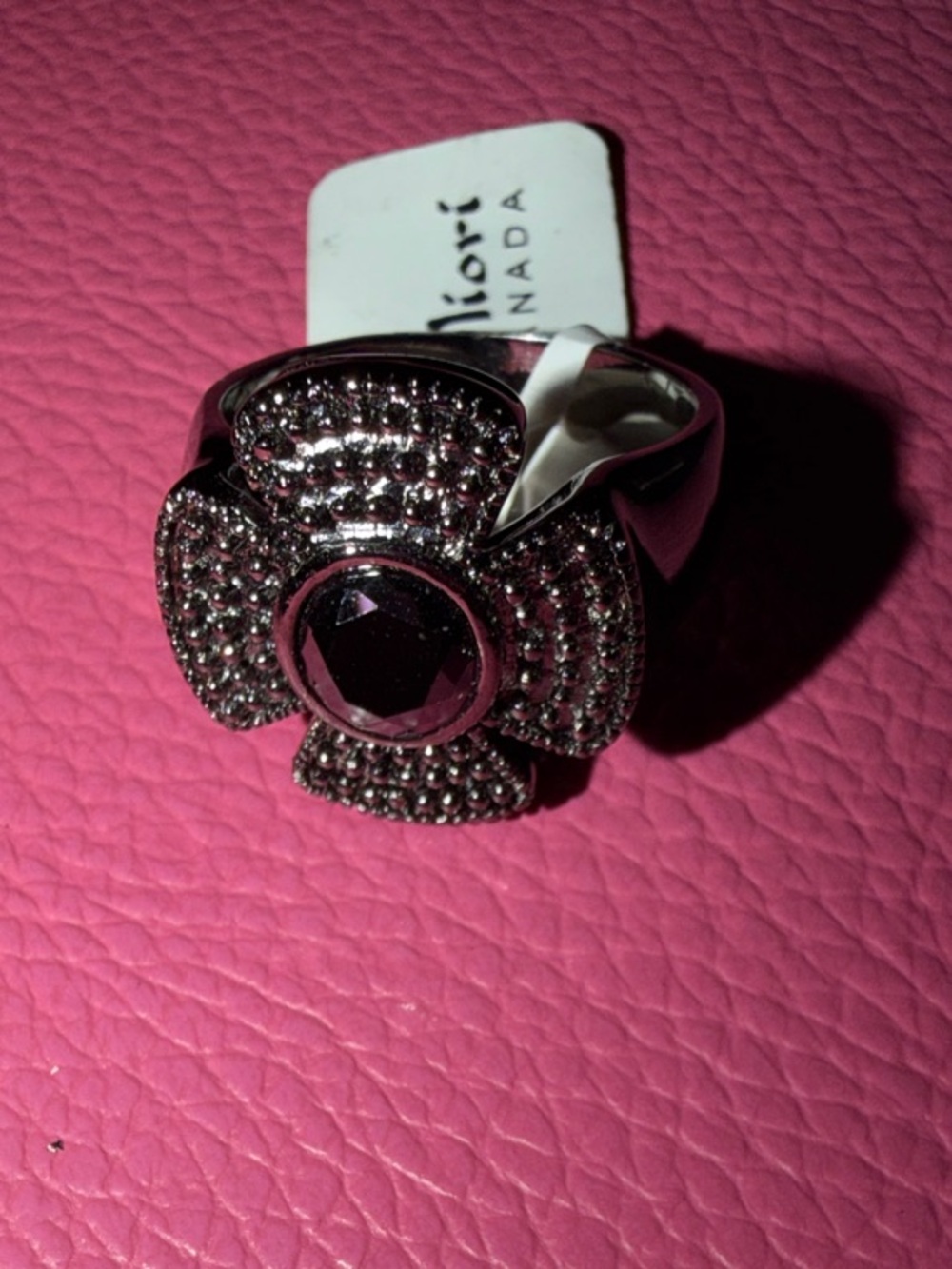 Midori Gunmetal -Tone Ring with Black Center Gem and Black Accents